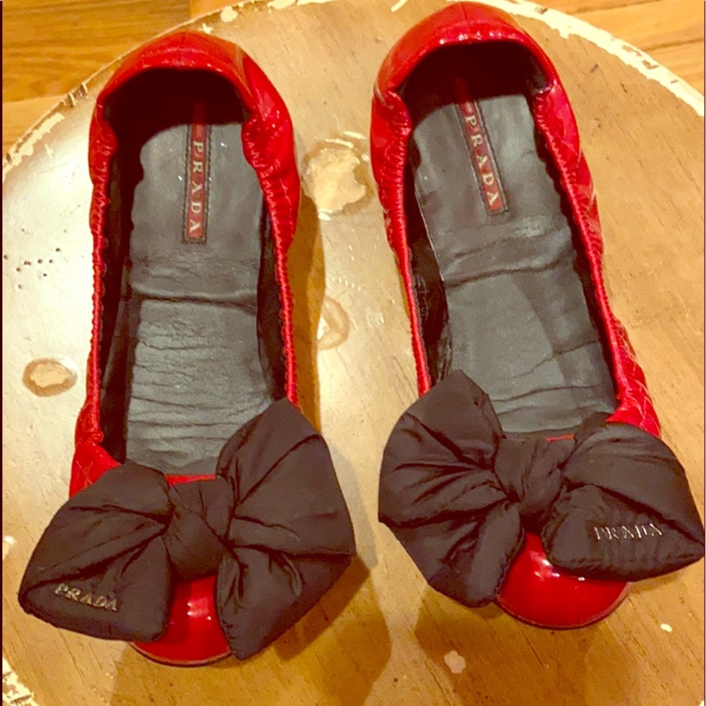 Prada Red Patent Ballet Flats with Bows